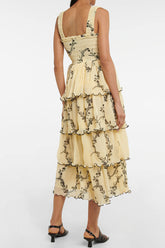 Midi-Sommerkleid mit quadratischem Ausschnitt, gesmoktem Stufenplissee und Blumenmuster - Gelb
